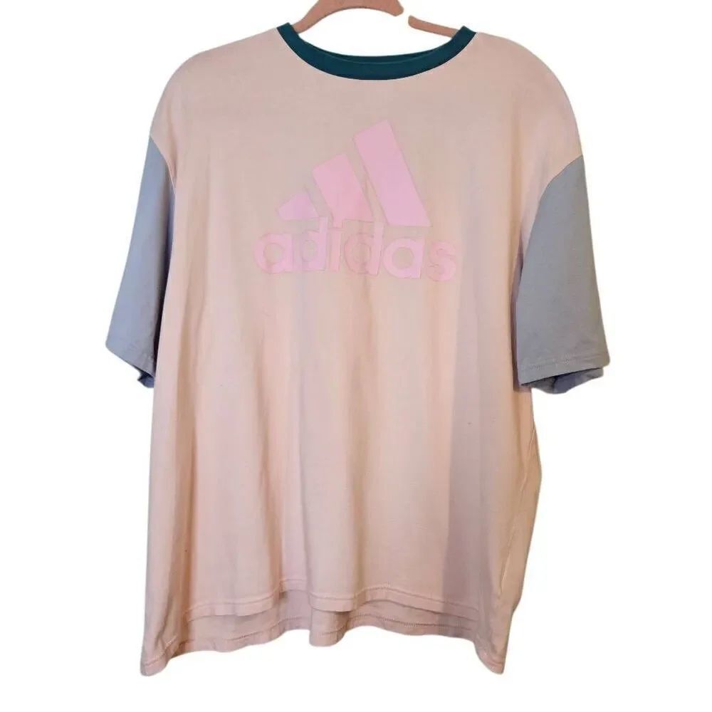 Vintage Adidas womens tee, box cut, pink with blue short sleeves. Size L. # 80